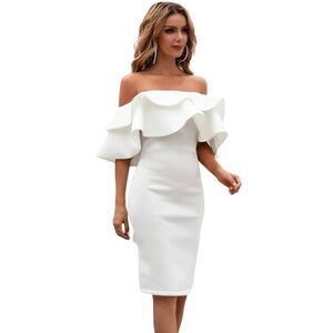 NWT Miss Ord White Off Shoulder Exaggerated Ruffle Trim Dress Size XS